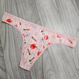 NWT Victoria's Secret Lipstick Floral Pink Stripe Cotton Thong Panty Size L